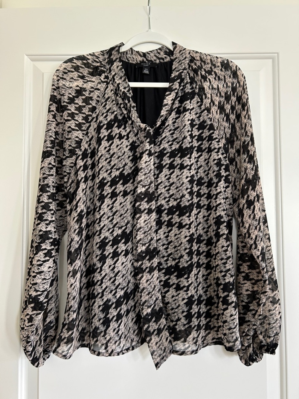 Black and Cream Houndstooth Tie-Neck Blouse